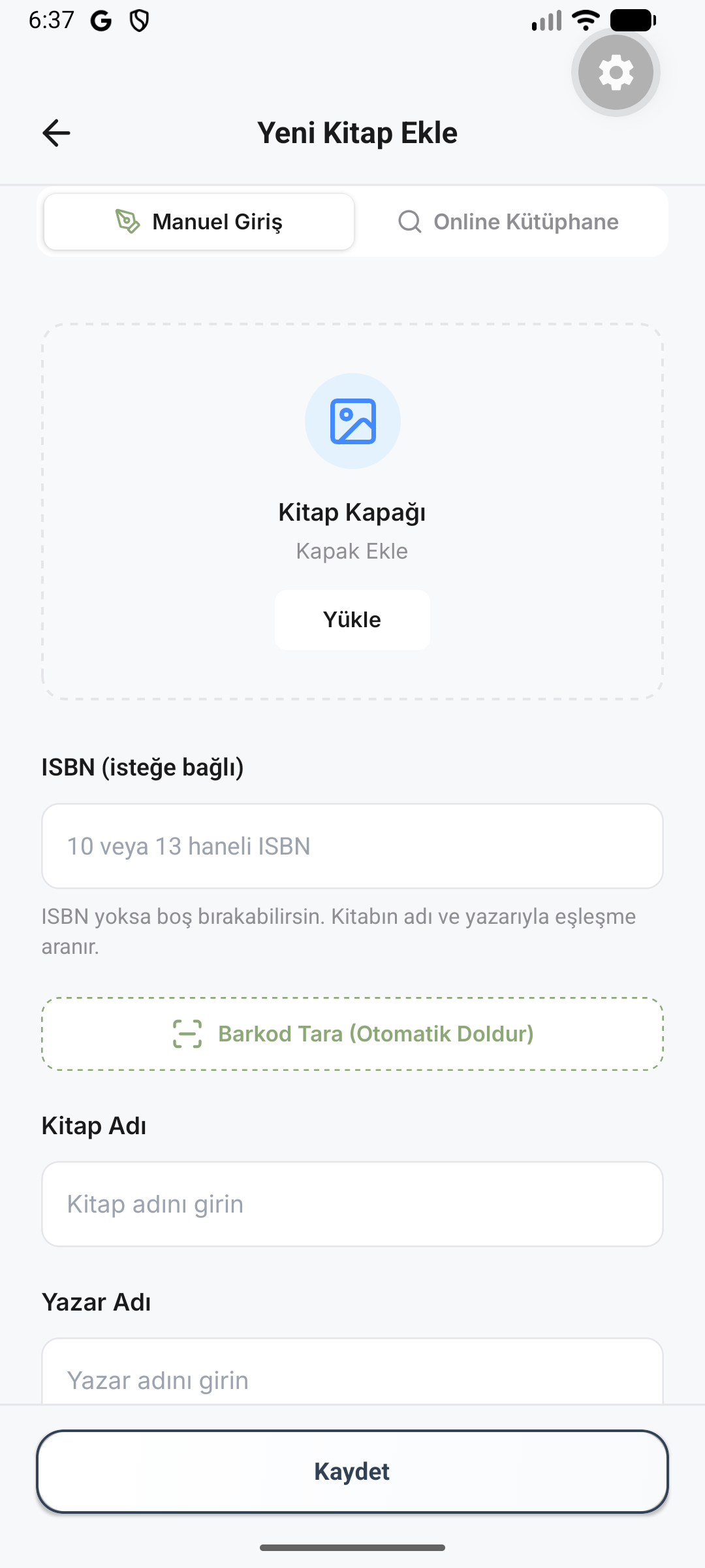 Ayraç’ın Yeni Kitap Ekle ekranında Manuel Giriş ve Barkod Tara düğmesi